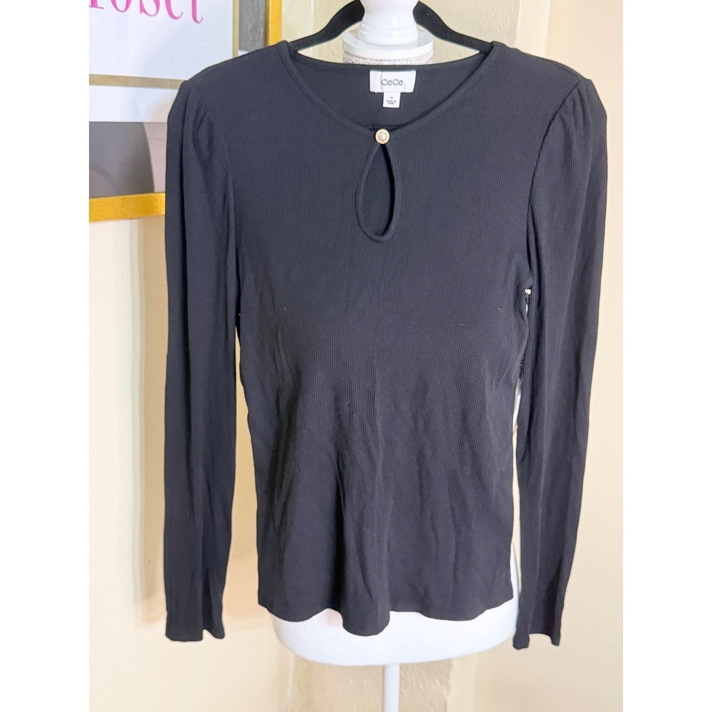 CeCe Rich Black Ribbed Keyhole Pearl Button Long Sleeve Top 7055613 Mens M